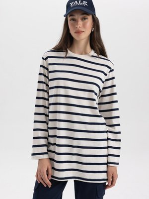 Regular Fit Bisiklet Yaka Çizgili Penye Uzun Kollu Tunik