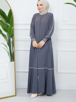 Tesettür Giyim Medine İpeği Ferace Krem Rengi Şeritli Kol Ribanalı