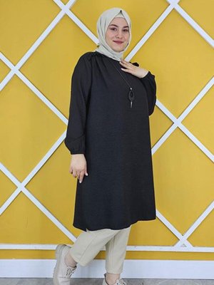Kadın Omuz Taş Ve Fırfır Detaylı Kolyeli Tesettür Tunik