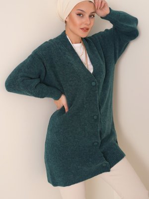 Su Yeşili Saç Örgü Desen Düğmeli Triko Hırka