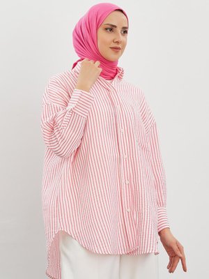 Oversize Çizgili Gömlek Fuşya Oversize Çizgili Gömlek Fuşya