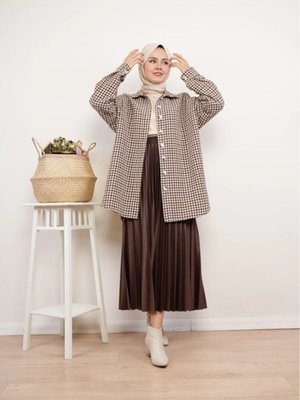 Kahve Yüksek Bel Deri Görünümlü Piliseli Beli Lastikli Uzun Kloş Pileli Etek