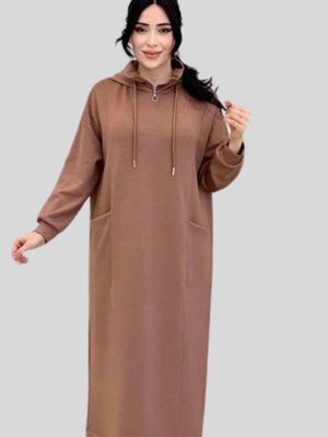 Süt Kahve Yakası Fermuarlı Dik Yaka Kapüşonlu Uzun Spor Elbise Süt Kahve Yakası Fermuarlı Dik Yaka Kapüşonlu Uzun Spor Elbise