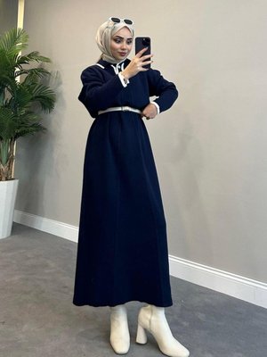 Önü Düğmeli Triko Elbise Lacivert Önü Düğmeli Triko Elbise Lacivert