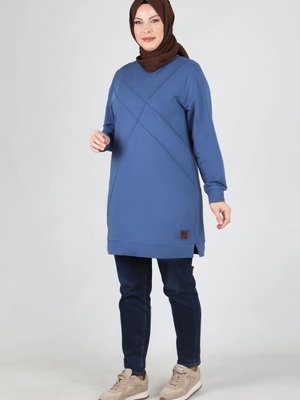 İndigo Büyük Beden Nervür Detaylı İki İplik Tunik