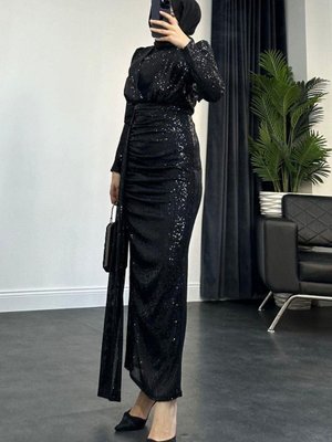 Ada Pullu Abiye Elbise Siyah