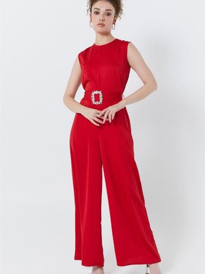 Taş Tokalı Kemerli Kırmızı Tulum