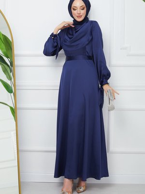 Lacivert Yaka Detaylı Kol Bağlamalı Saten Abiye Elbise
