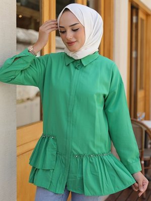 Altı Fırfır Detay Boncuklu Gömlek Tunik Yeşil Altı Fırfır Detay Boncuklu Gömlek Tunik Yeşil
