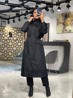 Içi Yarım Kürklü Cep Kapaklı Bondit Mont Kaban Siyah