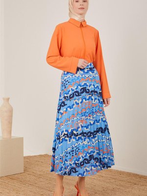 Zincir Desen Baskılı Pilisoley Etek Mavi