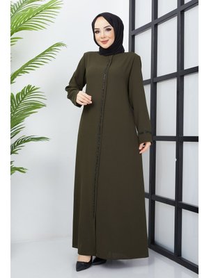 Büyük Beden Taş İşleme Detaylı Haki Ferace