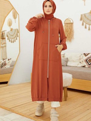 Krep Kapüşonlu Fermuarlı Tunik Kiremit