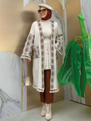 Etnik Desen Cep Detaylı Triko Hırka Taş