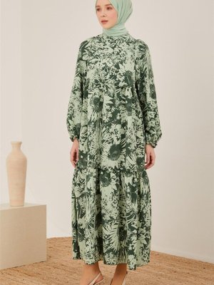 Üç Katlı Desenli Elbise Haki