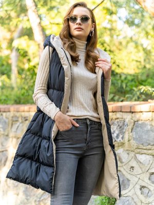 Kapüşonlu Çift Taraflı Şişme Yelek Siyah Taş Kapüşonlu Çift Taraflı Şişme Yelek Siyah Taş