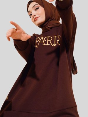 Kahve Omuzu Düğme Detaylı Paris Baskılı Tunik Kahve Omuzu Düğme Detaylı Paris Baskılı Tunik