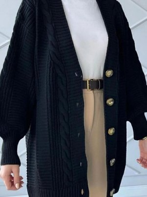 Siyah Örgü Desen Düğmeli Triko Hırka