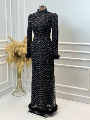 Taş İşlemeli Mira Abiye Elbise Siyah