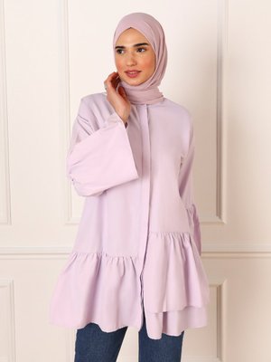 Lila Asimetrik Volan Detaylı Poplin Tunik Antik