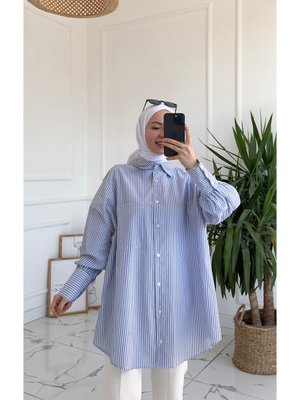 Nina Mavi Çizgili Basic Gömlek