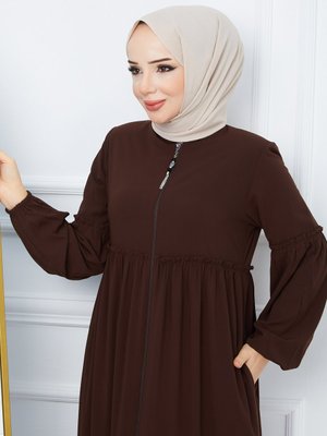 Tesettür Giyim Medine İpeği Balon Kol Büzgülü Ferace