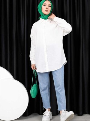 Ekru Flamlı Keten Gömlek