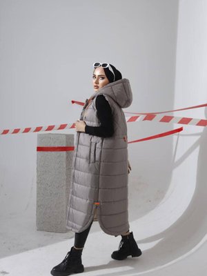 Kapüşonlu Yırtmaç Detaylı Uzun Kapitone Şişme Yelek Neon Garnili