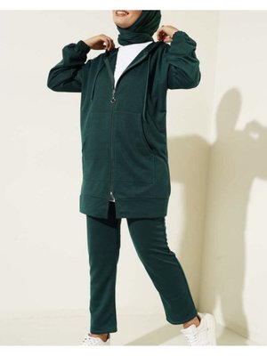 Pamuklu İkili Eşofman Takımı Kapüşonlu Fermuarlı Cepli Slim Fit Zümrüt Yeşili