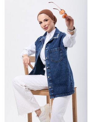 Mavı Düğmeli Cepli Kot Yelek Koyu