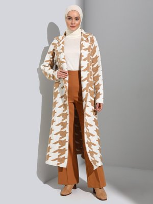 Desenli Triko Kaban Hırka Vizon Off White