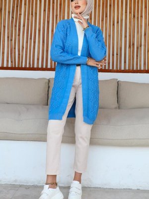 Kiraz Kabartmalı Triko Hırka Mavi