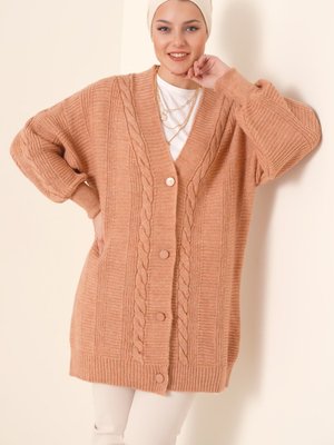 Somon Saç Örgü Desen Düğmeli Triko Hırka