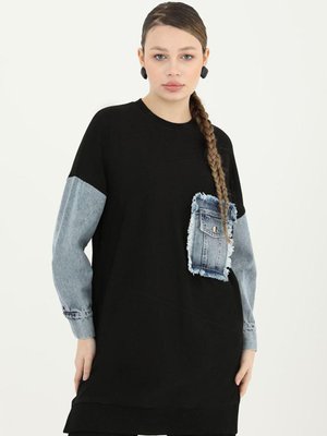 Siyah Puane Kot Detaylı Sweat