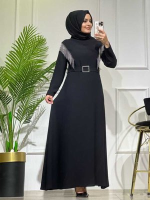 K Siyah Zincir Detaylı Abiye Elbise K Siyah Zincir Detaylı Abiye Elbise