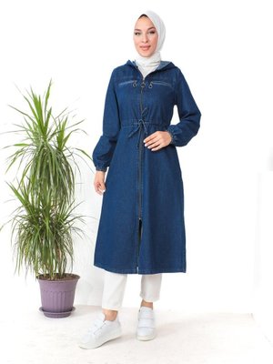 Fermuar Detaylı Koyu Lacivert Kot Kap