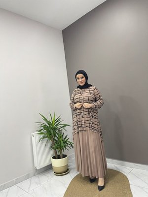 Tunik Bluz Lastik Belli Pileli Etek Takım