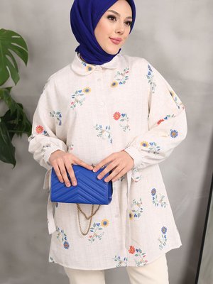 Nar Çiçeği Kol Bağlamalı Keten Gömlek