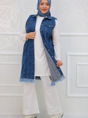 Büyük Beden Püsküllü Kot Yelek Mavi