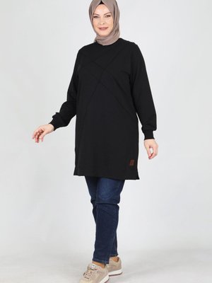 Siyah Büyük Beden Nervür Detaylı İki İplik Tunik