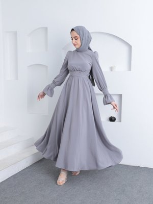 Nil Fırfır Manşetli Beli Kuşaklı Tesettür Elbise