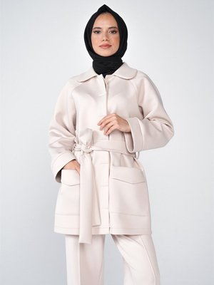 Puf Kumaş Bebe Yaka Cep Düğme Ve Kemer Detaylı Vendy Ceket Taş