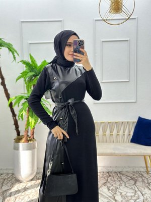 Boydan Duğme Detay Deri Kombin Elbise Boydan Duğme Detay Deri Kombin Elbise