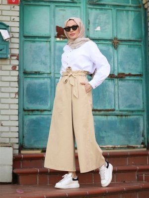 Beli Lastikli Pantolon Etek Açık Bej
