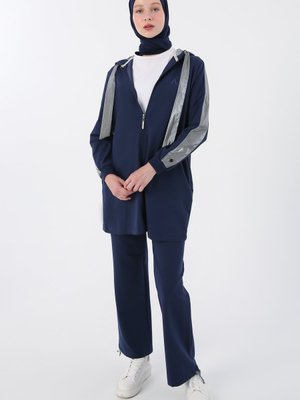 İndigo Parlak Garni Kumaşlı Fermuarlı Eşofman Takım