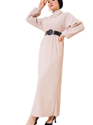 Bej Dik Yaka Fitilli Kemerli Elbise Bej Dik Yaka Fitilli Kemerli Elbise