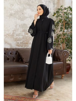 Siyah Liva Kolları Taşlı Abaya