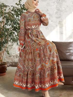 Oliva Etnik Desen Viskon Elbise Oranj