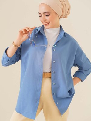 Oversize Basic Gömlek İndigo