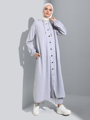 Gri Kapüşonlu Düğme Detaylı Pardesü